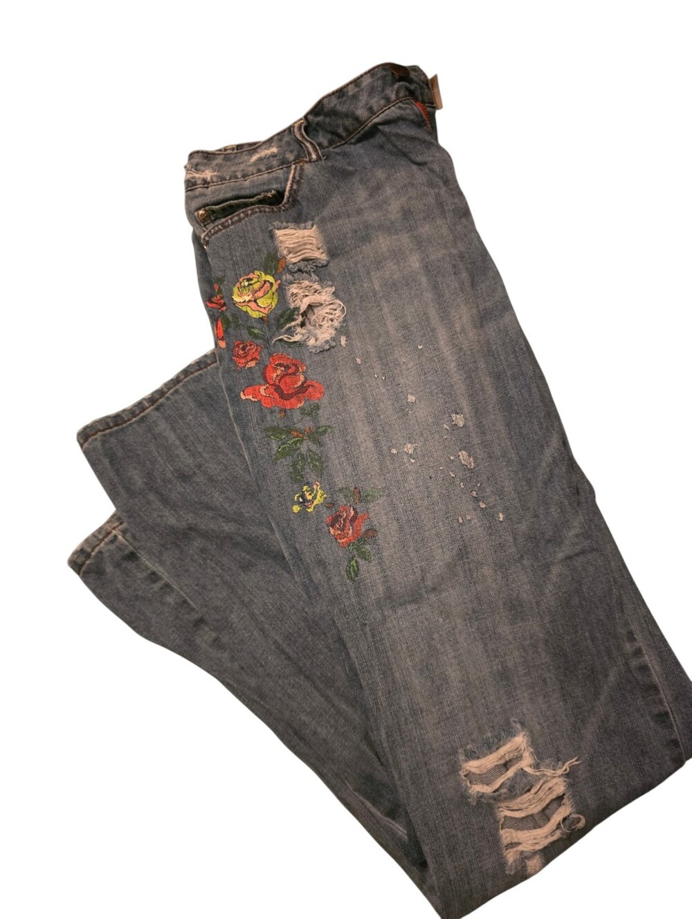 Jessica Simpson Vintage Y2K Destroyed  Jeans with Rose Embroidery Sz 12